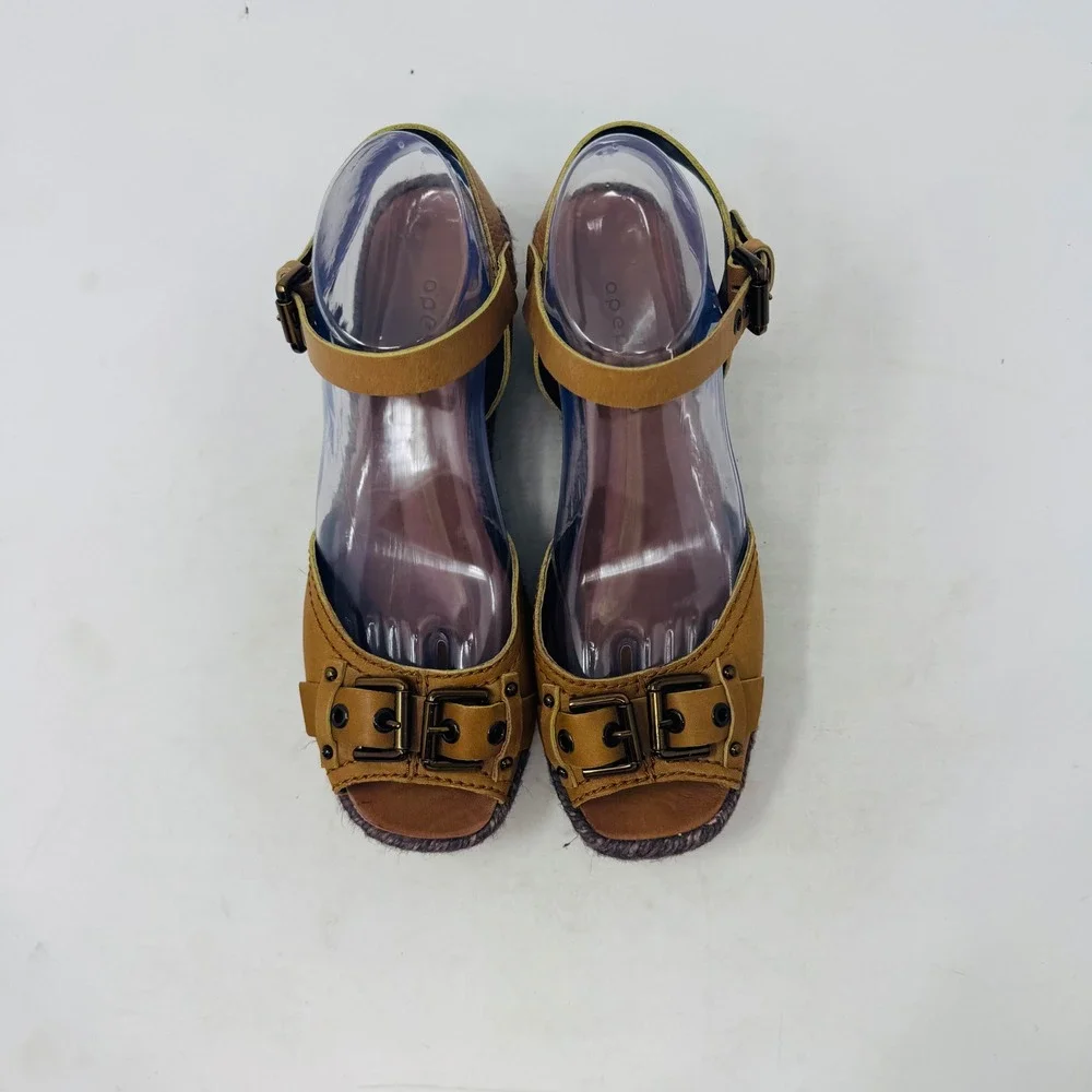 Apepazza Tan Leather Wedge Elba Espadrille Sandals Buckle Ankle Strap Size 8.5